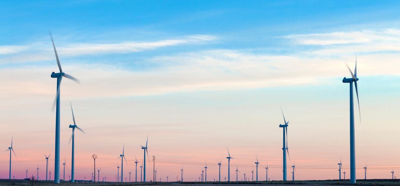 Many wind turbines in a field against a pink and blue sky