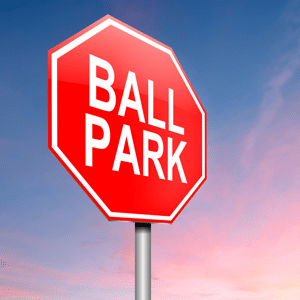 Red road sign reading Ball Park