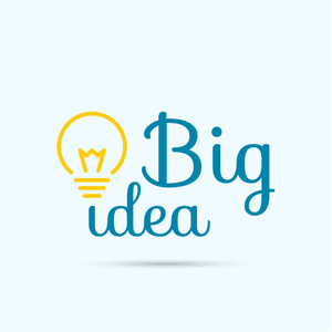 A yellow lightbulb with the words big idea on a light blue background