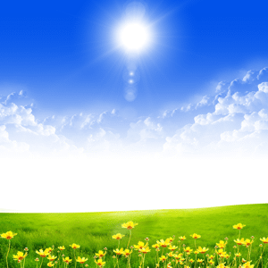 Landscape with blue skies, sunshine and green grass
