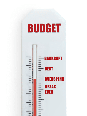 Budget thermometer: break even, overspend, debt, bankrupt