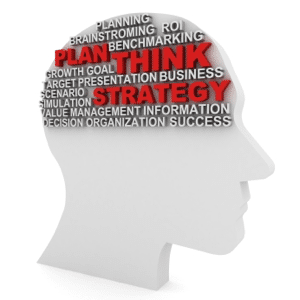 Head filled with words, plan, think, strategy