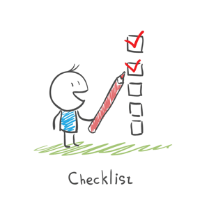A cartoon figure pointing at a checklist with a red pencil