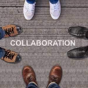 Four pairs of shoes with word COLLABORATION