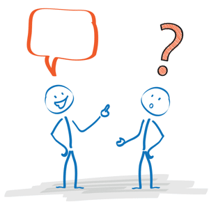 Stickmen with speech bubble and question mark on a white background