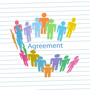 Colourful people on a lined paper background with the word agreement
