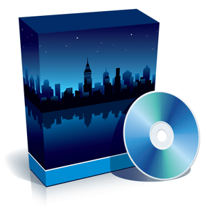 Blue software box with panorama of a modern city at night and CD