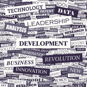Black and white word cloud collage of typical business words