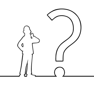 Black line art illustration of a man looking at a question mark