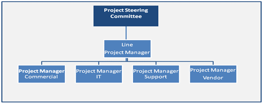 Diagram showing a line project manager leading an E2E project