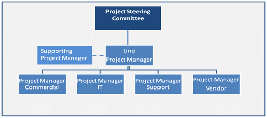 Diagram of a line project manager supported by a functional project manager in delivering an E2E project