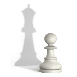 White pawn with queen's shadow representing concept of evolution