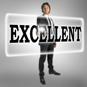The word excellent on a virtual interface with a businessman standing behind it