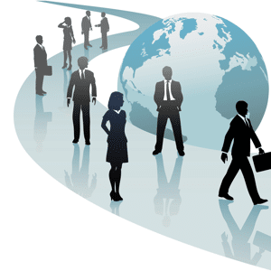 Group of international business people walk a future world path of progress