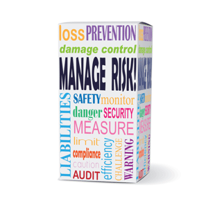 Manage risk written on a product box with related phrases