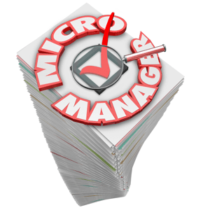 Micro manager written on a stack of papers and magnifying glass