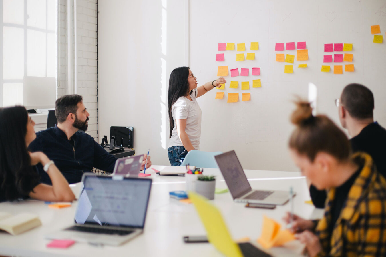 Asian woman presenting to four colleagues in front of a whiteboard with coloured sticky notes.