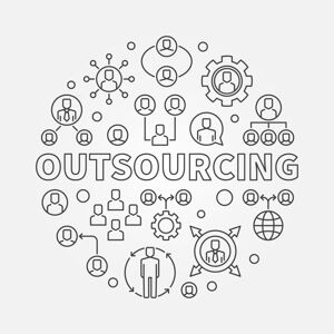 A black and white roundall with a collection of business people and the word outsourcing through the middle