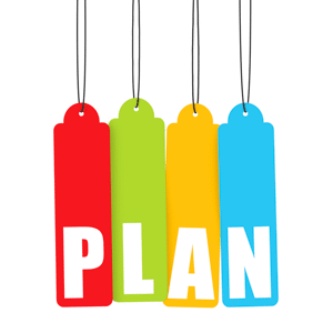 Four colourful tags spelling the word plan