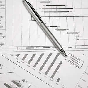 Project schedule concept with bar graph and time factor