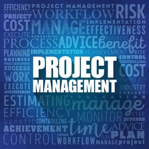 Dark blue project management word, including the words estimating cost and benefit