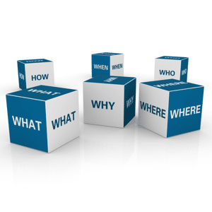 Blue and white cubes with questions