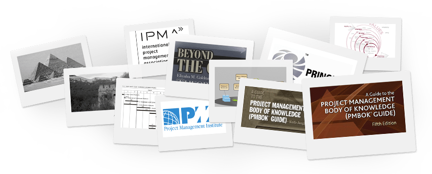 A collage of pictures, The Pyramids, The Great Wall of China, Gantt chart, PMBOK Guide, PRINCE2 logo, IPM logo