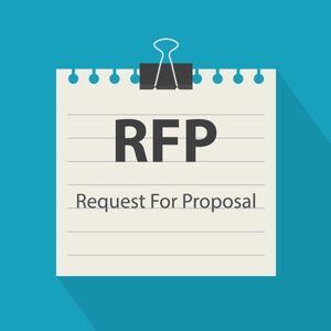 A page from a notepad with RFP request for proposal written in black letters on a blue background