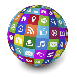 Web and Internet social media concept with technology icons and symbol on a colorful globe