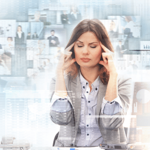 Stressed business woman in front of business themed collage