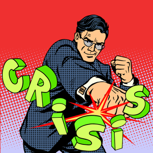 Superhero businessman punching the word crisis