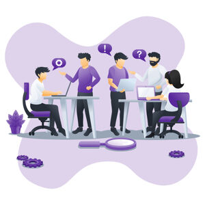 A purple illustration showing a team of five people working together at two desks on laptops