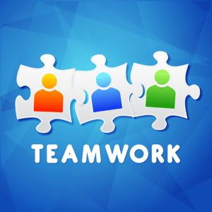 Teamwork and puzzle pieces with people signs on a blue background