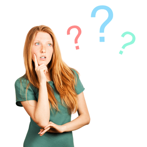 Red-haired girl thinking with question marks beside her