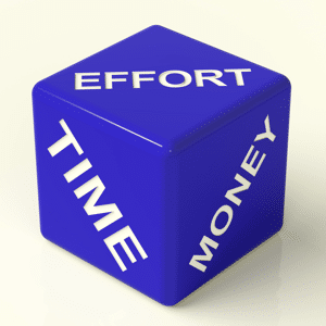 Effort time money blue dice representing the ingredients for business