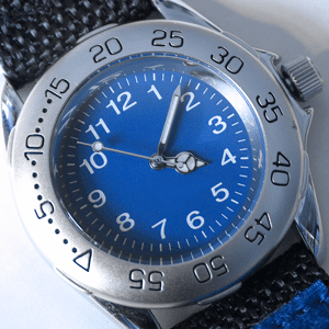 A blue and silver sports wristwatch
