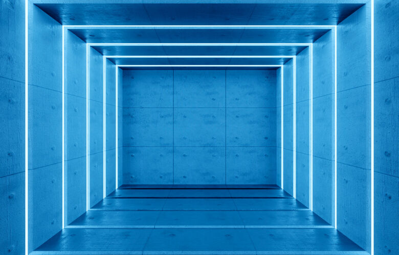 Futuristic blue room interior with white neon lamps