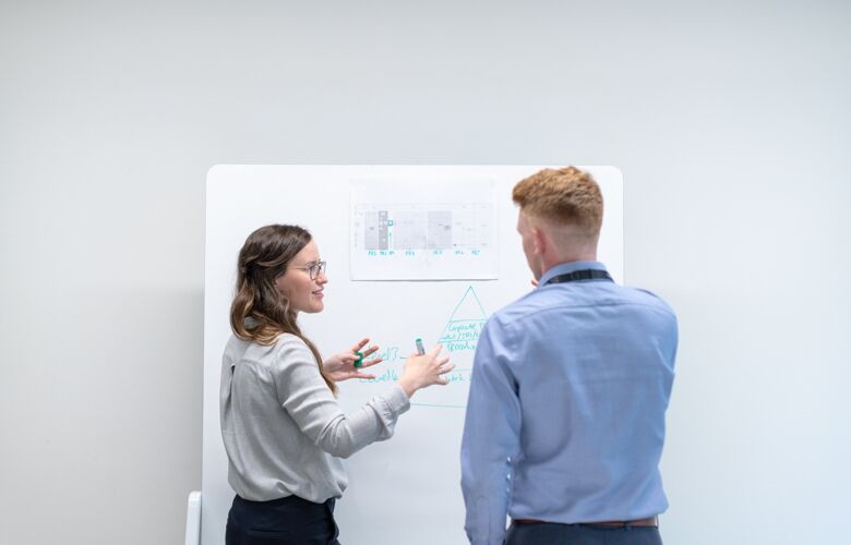 Two business people creating an implementation plan on a whiteboard